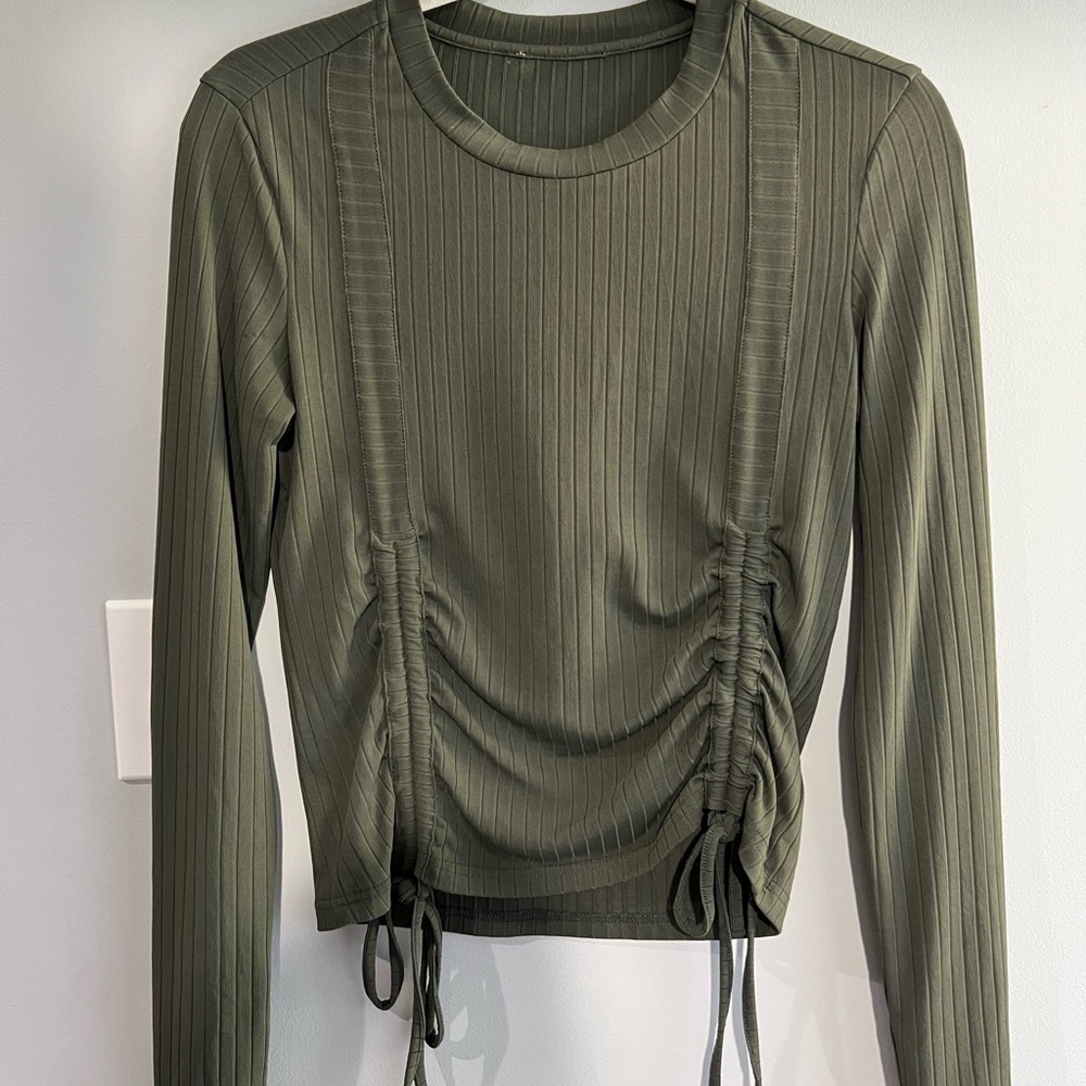 Olive green long sleeve top with ruched detailing